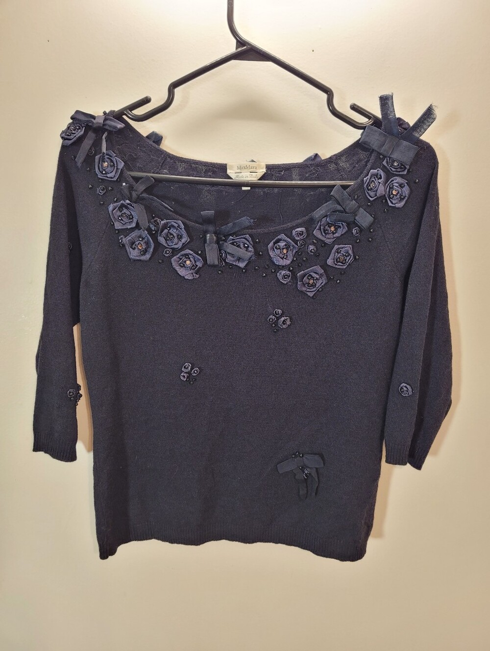 Vintage MaxMara Navy Blue Embellished Floral & Bows Wool Blend Knit Top - Size S